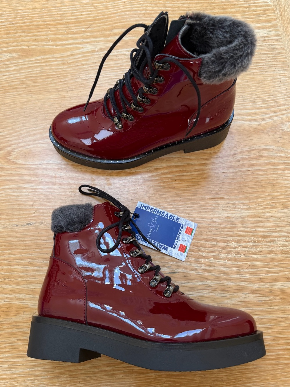 Bos. & Co. Burgundy Patent Lace-Up Platform Ankle Boots - Size 8 (38)